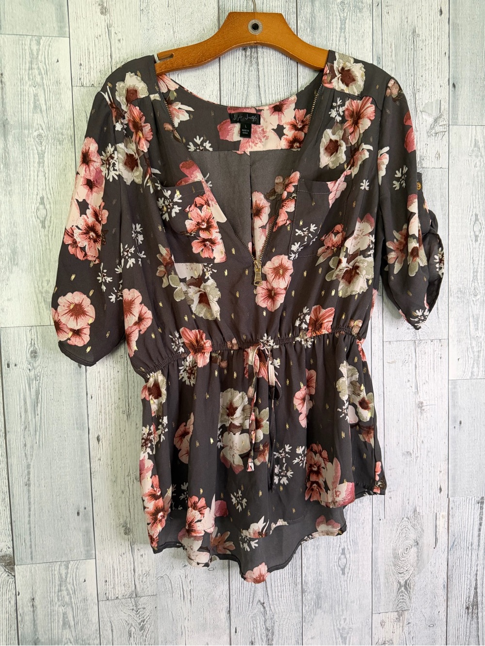 J for Justify Charcoal Tunic with Pink Floral Print